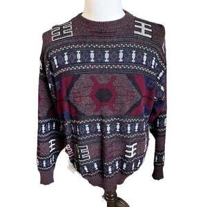 Vintage 1990s Sears Roebuck Aztec Knitted Crewneck Sweater Made in USA XL